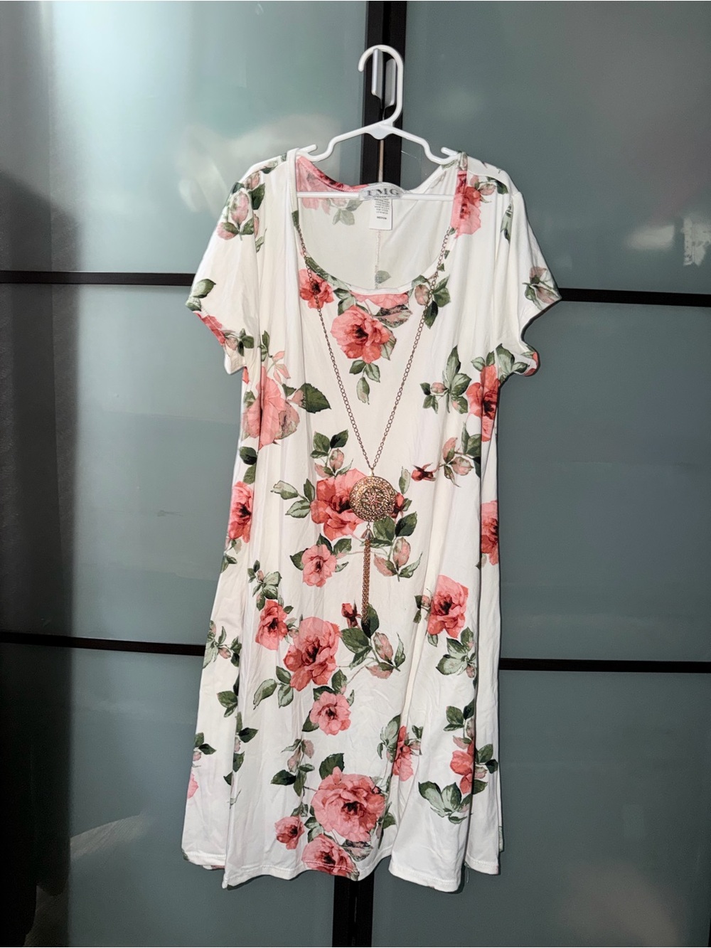 Floral Scoop Neck White Dress with Pink Rose Print